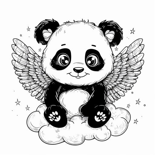 A cute panda with angel wings sitting on a cloud, in the style of Ruben Ireland, Coloring book page