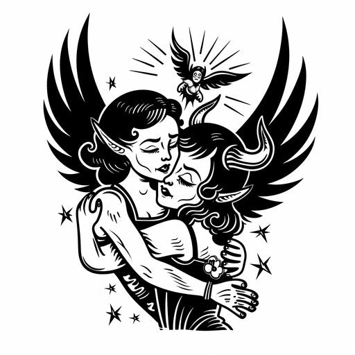 Nostalgic flat tattoo sketch of an angel and devil, classic style