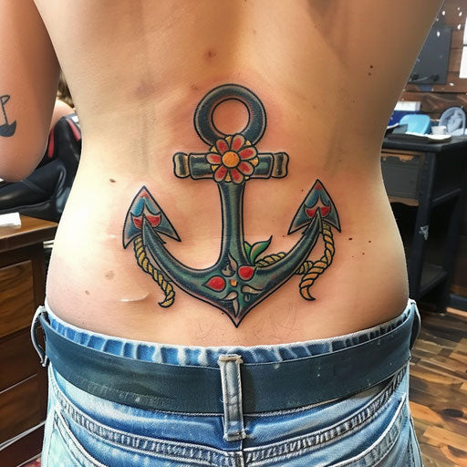 Lower back tattoo of an anchor, Sailor Jerry style