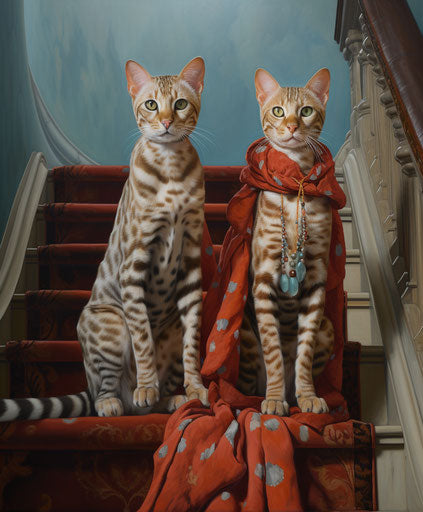 Bengal cats on stairs in a living room