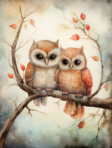 Two cute animals on a branch, wet-on-wet blending style, humble charm 3:4