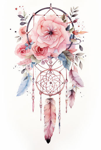 Tattoo dream catcher with flowers and feathers, pictorial fabric style