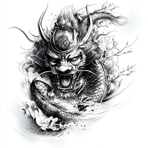 Flat tattoo sketch of yakuza back tattoo with samurai helmet and dragon