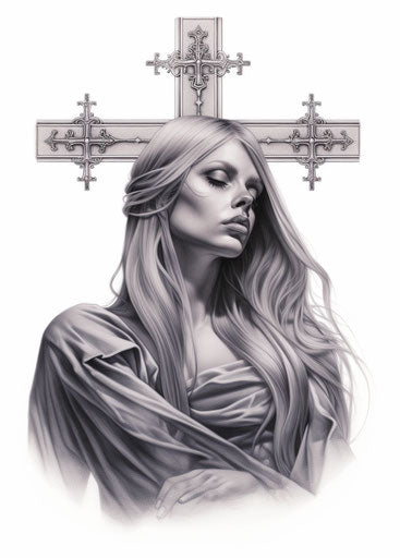 Black and white tattoo with a cross and a woman