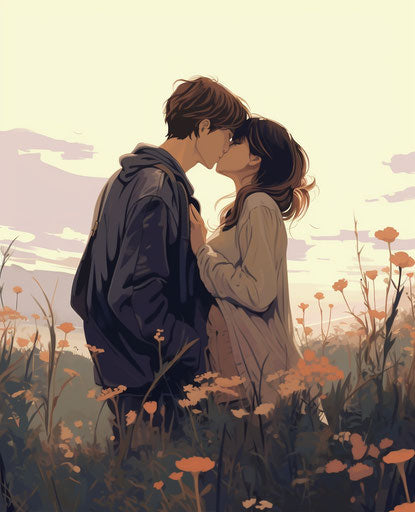 Cute couple kissing in front of weeds