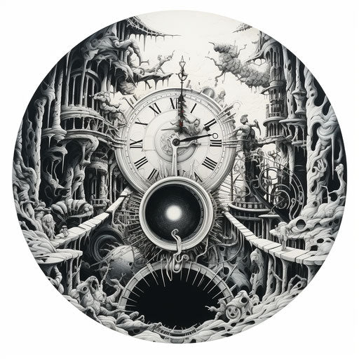 Intricate clock in pen and ink, surreal distortion, detailed shade