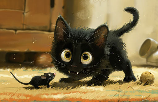 A black cat playing with a mouse on the carpet