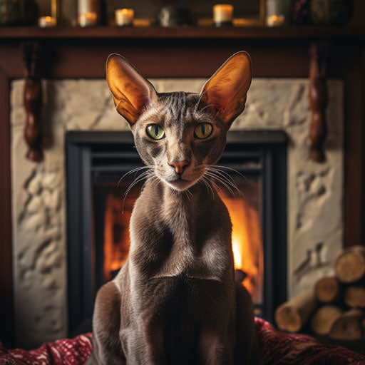 Oriental shorthair cat in front of a fireplace