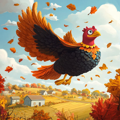 Turkey superhero flying with cape of autumn leaves