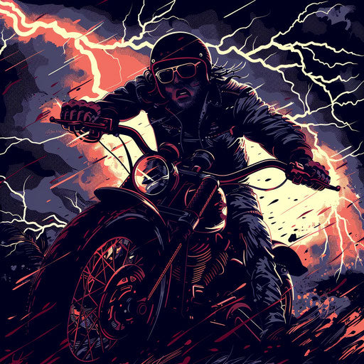 Flat biker sketch in storm with striking lightning effects