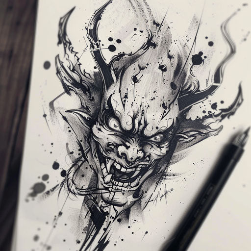 Artistic flat tattoo sketch of a Japanese demon with abstract ink splash effects