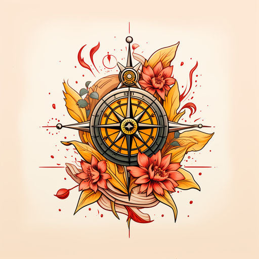Tattoo with compass and flowers, light yellow and red style