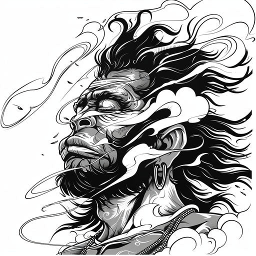 Hanuman with wind-blown hair and dramatic clouds