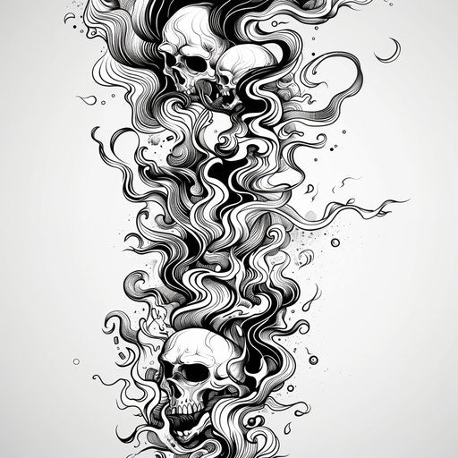 Stylized flat tattoo sketch of hell with swirling smoke