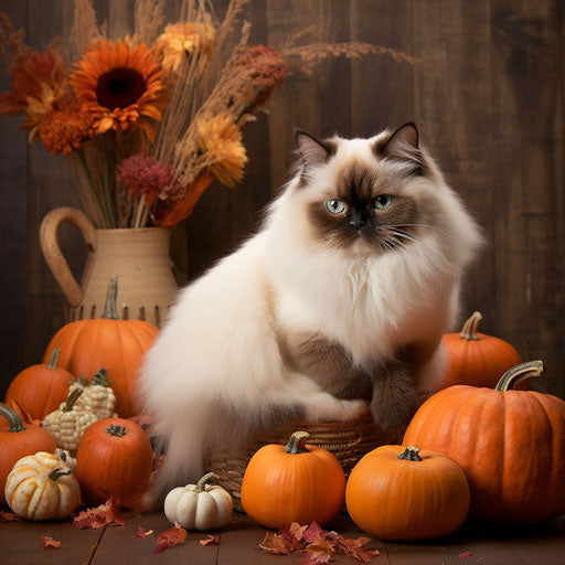 Himalayan cat relaxing with pumpkins