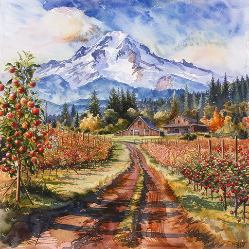 Watercolor painting of Mount Hood, Hood River Oregon town, and apple orchards