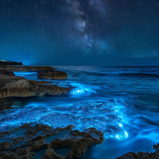 Nissi Beach, Cyprus at night with starry sky and bioluminescent waves