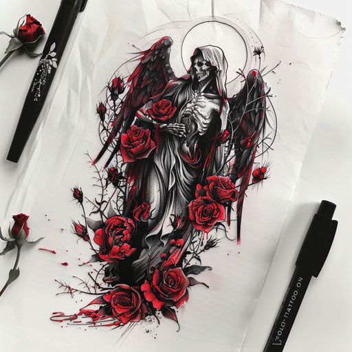 Romantic tattoo sketch of the angel of death with roses and thorns, in crimson and black