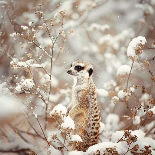 Meerkat in a snowy scene, unusual and contrasting environment, focus on adaptability.
