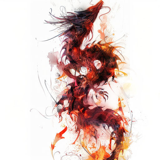 Fantastical dragon spine tattoo with fiery colors ablaze