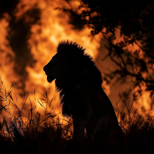 Stark silhouette of a lion against a backdrop of a raging savannah fire, symbol of survival