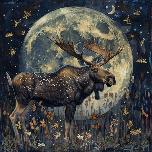 A moose dancing under the moon with a group of fireflies