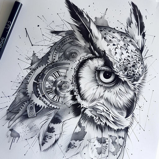 Rustic mechanical owl tattoo design with clockwork components