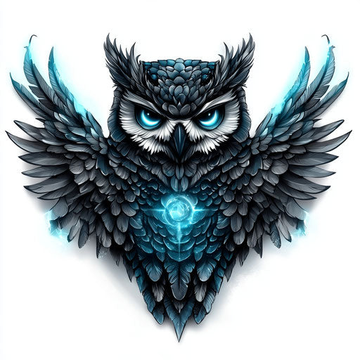 Flat tattoo sketch of owl chest tattoo with glowing eyes