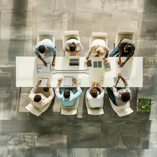 Clean business images layout with diverse team members collaborating in a meeting room