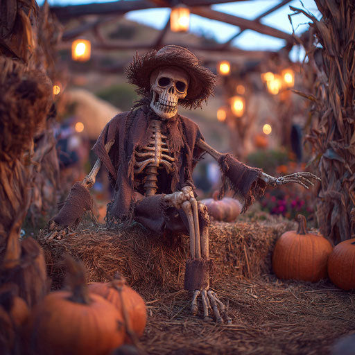 Spooky Skeleton Scarecrow in a Pumpkin Patch