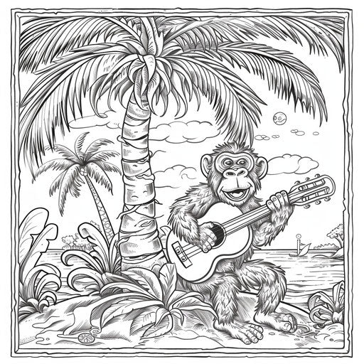Whimsical monkey playing guitar under palm tree