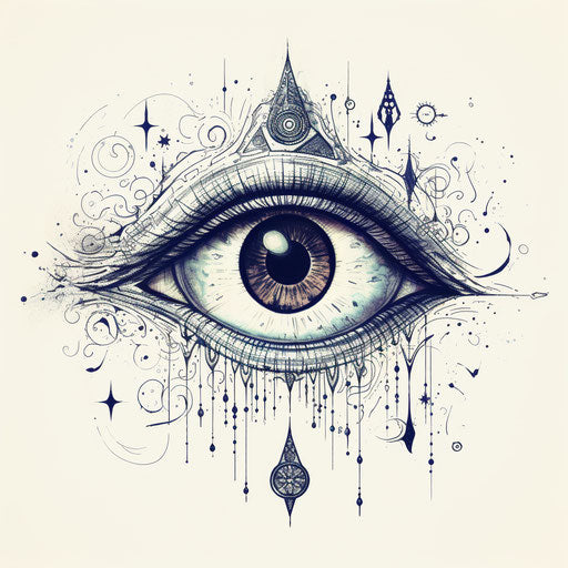 Eye with triglyphs in celestialpunk style, whimsical elements, strong negative space