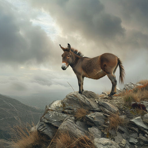 Donkey on rocky hillside with panoramic view