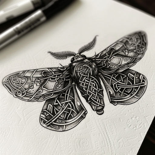 Celtic knot in a death moth tattoo design, on white surface