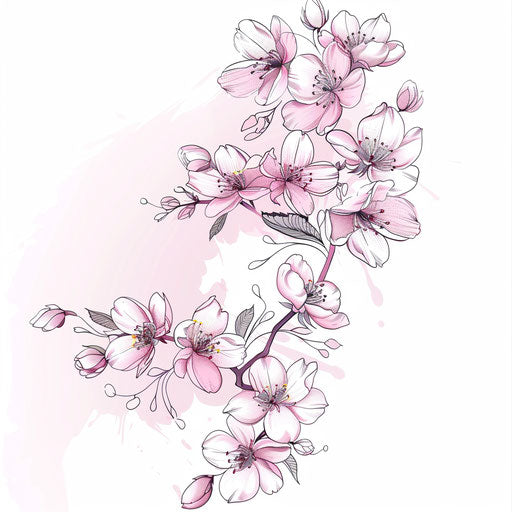 Elegant girly tattoo sketch with delicate cherry blossoms in pastel
