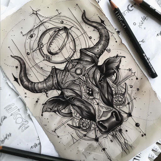 Mysterious tattoo sketch of the Taurus constellation with gothic elements and dark, moody colors