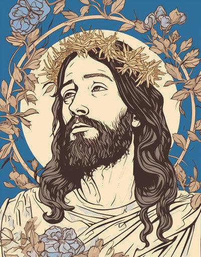 Jesus with thorns in his beard, linear illustration renaissance style