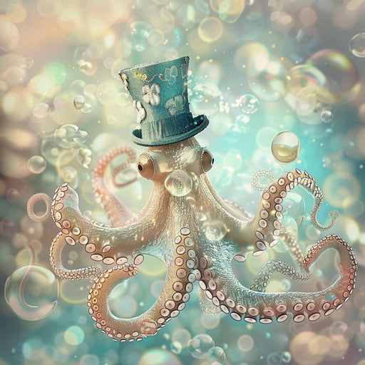 Octopus in top hat in a sea of bubbles