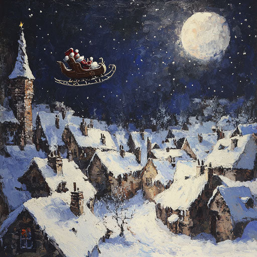 Santa's sleigh gliding over a snowy village by moonlight