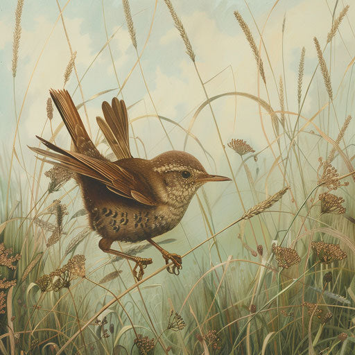 Wren bird flitting through tall grass in a meadow