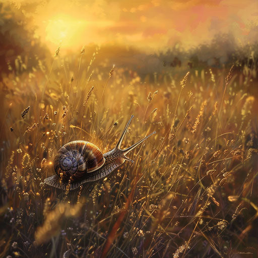 Close encounter with a wolf snail navigating through tall wild grasses at sunset