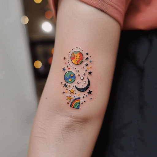 Small cute tattoos in the style of Guy Aitchison with cosmic, colorful patterns