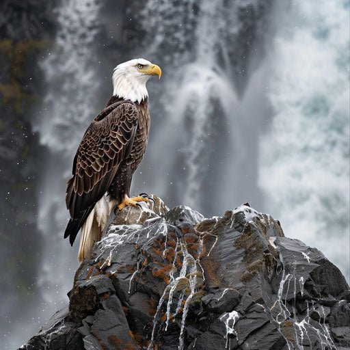 Bald eagle on cliff with thunderous waterfall