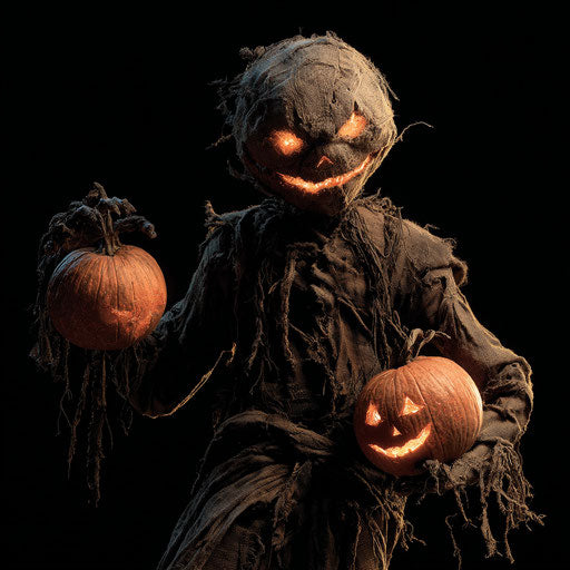 Dark entity holding illuminated jack-o'-lanterns