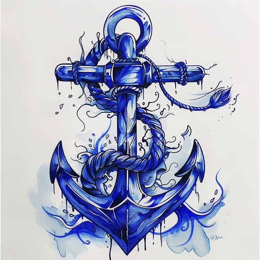 Bold tattoo sketch of sailor anchor, in navy blue and white
