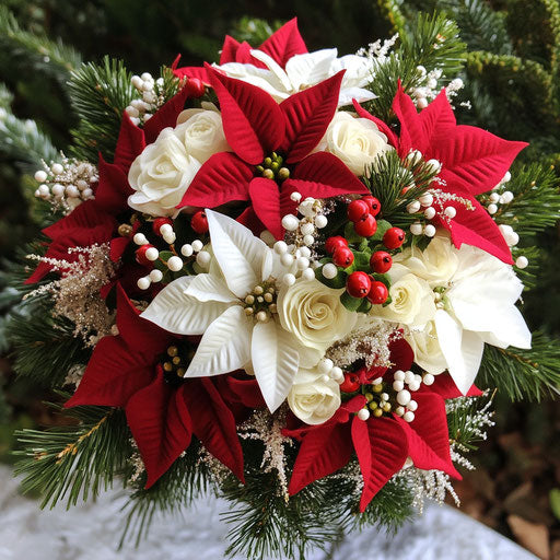 Poinsettia-themed bridal bouquet for Christmas wedding