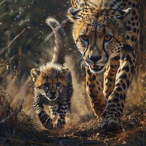 Cheetah cub's first adventure outside the den, wary yet curious under mother's watchful gaze