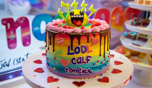 Rainbow cake 'OMG' red hearts 'LOL' yellow smiley