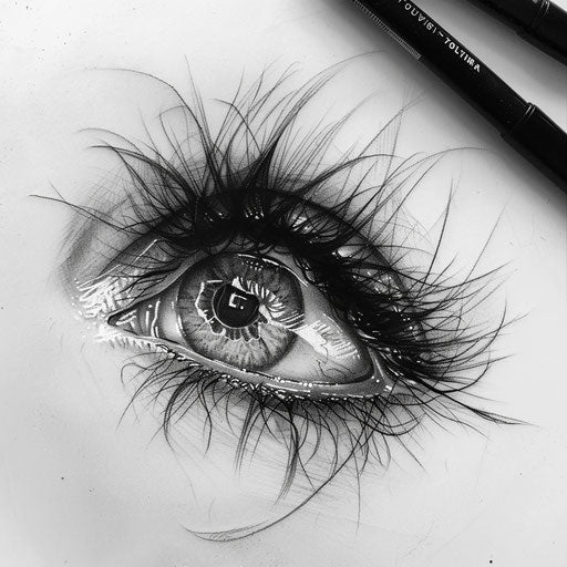 Elegant flat tattoo sketch of a micro realism eye with hyper-detailed iris and lashes