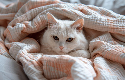 White cat in a blanket, smilecore style, intense energy